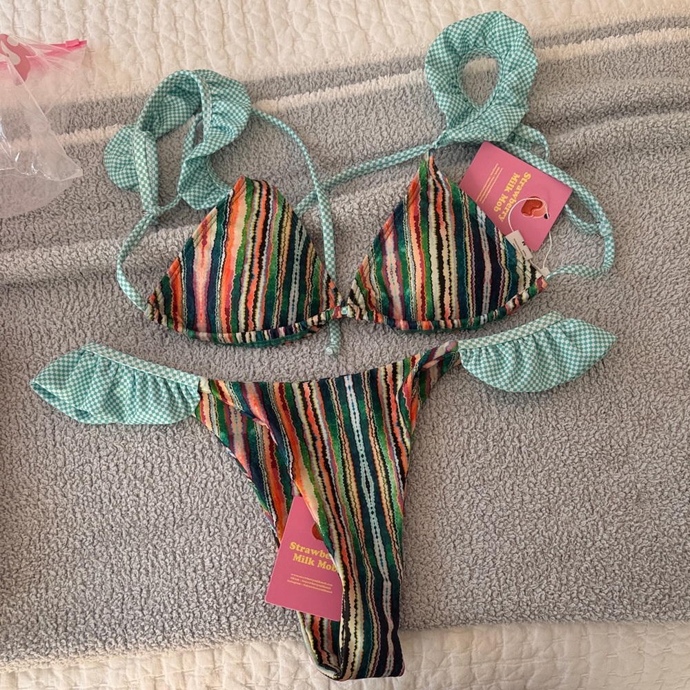 Strawberry Milk Mob Multicolor Striped & Mint Gingham Ruffle Bikini
